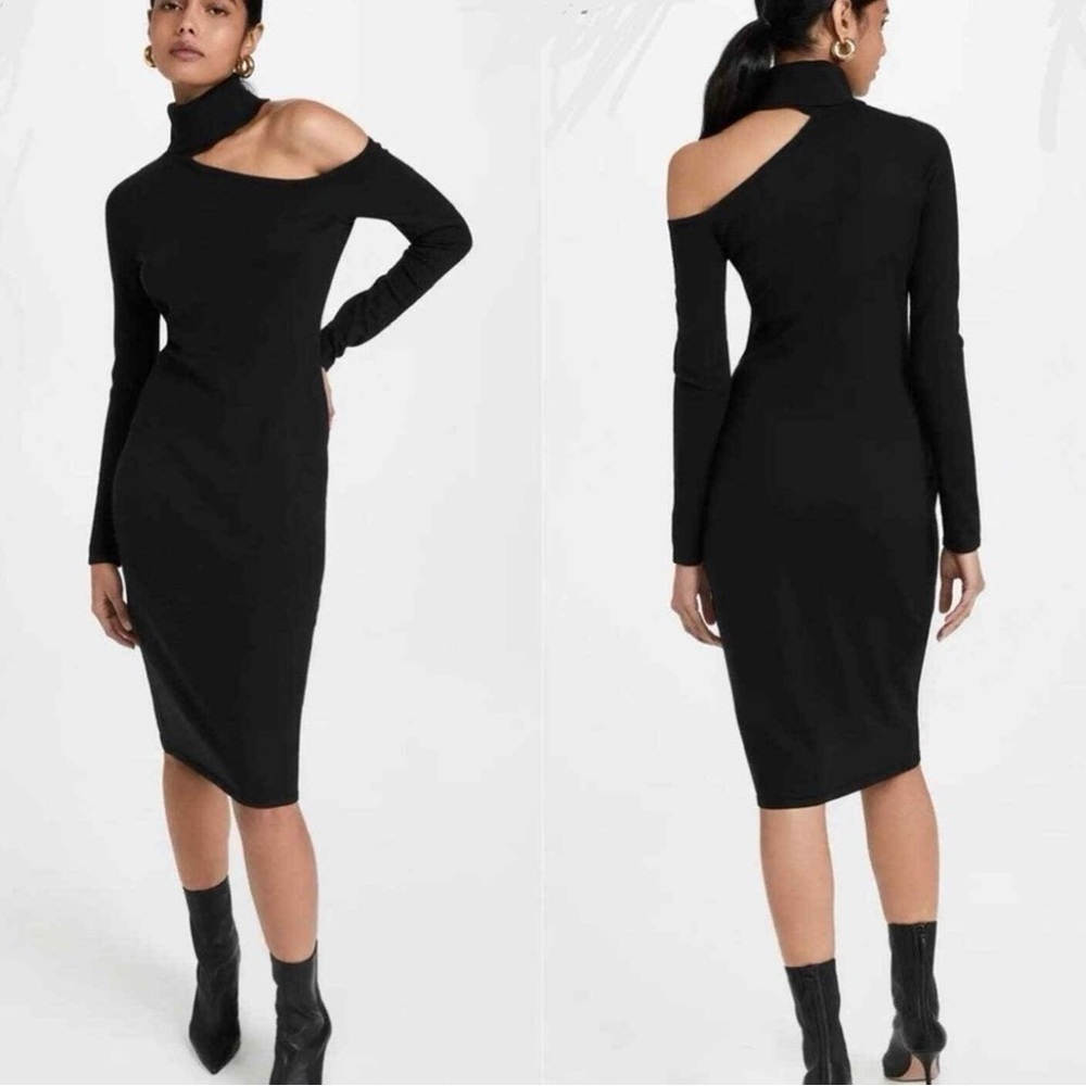 L'AGENCE Annalise Black Turtleneck Sleek Sweater Dress Small Open Shoulder midi